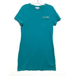 Calvin Klein Teal T Shirt Dress Womens M Gold Logo Pocket Classic Y2K Summer